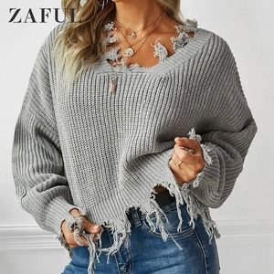 ZAFUL Gray Ripped V-neck Knitted Sweater Pullover OS